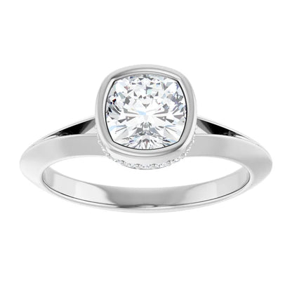 14K White Gold 0.75 CTW Cushion Cut Bezel Hidden Halo Diamond Engagement Ring-diamondnetjewellery