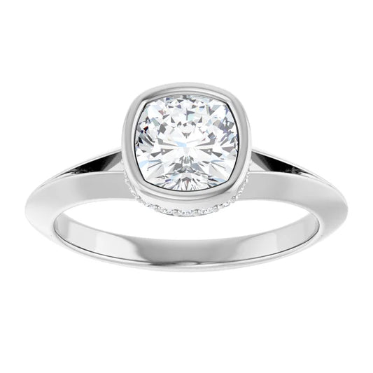 14K White Gold 0.75 CTW Cushion Cut Bezel Hidden Halo Diamond Engagement Ring