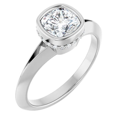 14K White Gold 0.75 CTW Cushion Cut Bezel Hidden Halo Diamond Engagement Ring-diamondnetjewellery