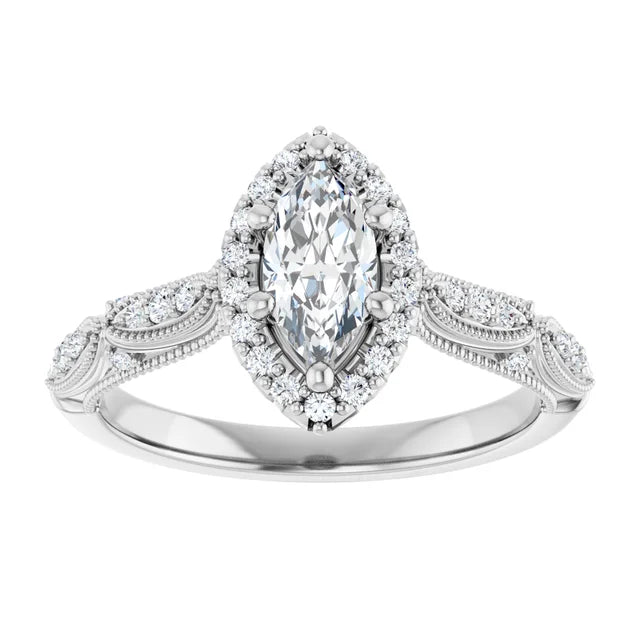14K White Gold 0.75 CTW Marquise Cut Vintage Halo Diamond Engagement Ring-diamondnetjewellery