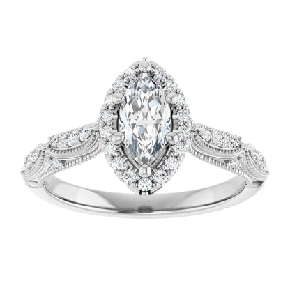 14K White Gold 0.75 CTW Marquise Cut Vintage Halo Diamond Engagement Ring-diamondnetjewellery