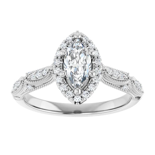 14K White Gold 0.75 CTW Marquise Cut Vintage Halo Diamond Engagement Ring