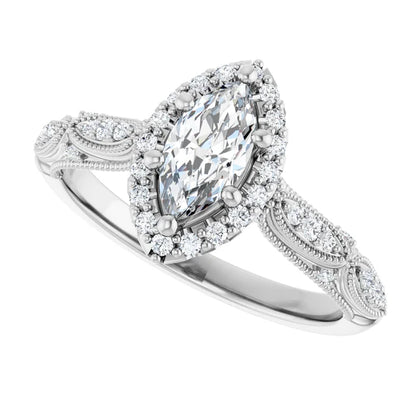 14K White Gold 0.75 CTW Marquise Cut Vintage Halo Diamond Engagement Ring-diamondnetjewellery