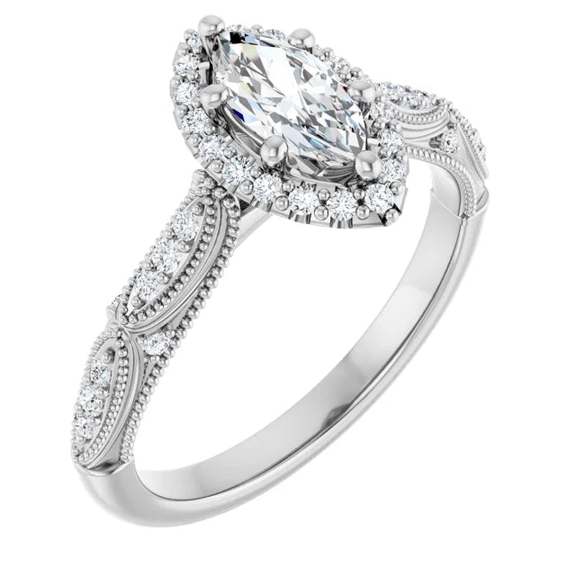 14K White Gold 0.75 CTW Marquise Cut Vintage Halo Diamond Engagement Ring-diamondnetjewellery