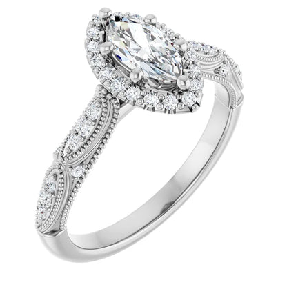 14K White Gold 0.75 CTW Marquise Cut Vintage Halo Diamond Engagement Ring-diamondnetjewellery