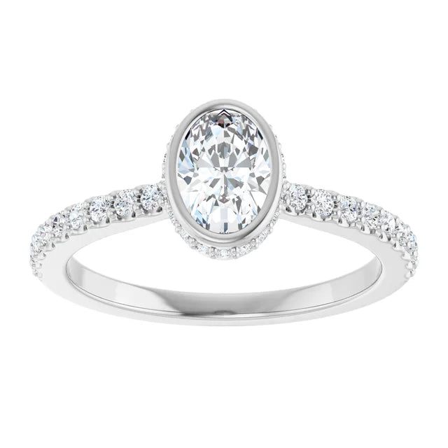 14K White Gold 0.76 CTW Oval Bezel Set Pavé Lab Grown Diamond Engagement Ring - diamondnetjewellery