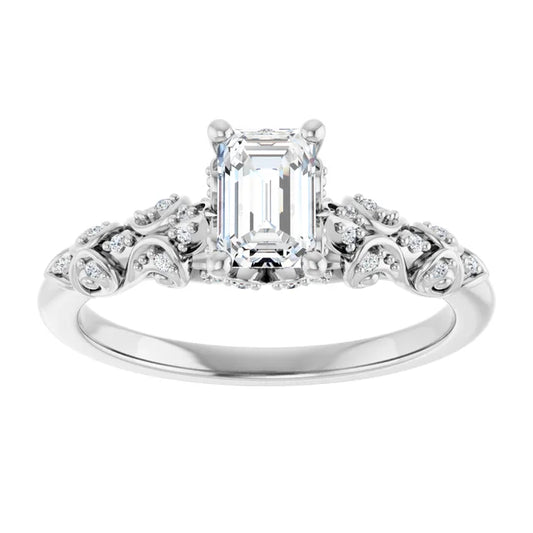 14K White Gold 0.78 CTW Emerald Cut Vintage (Filigree) Diamond Engagement Ring