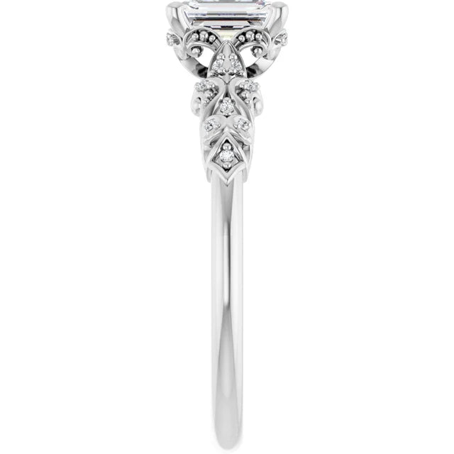 14K White Gold 0.78 CTW Emerald Cut Vintage (Filigree) Diamond Engagement Ring-diamondnetjewellery