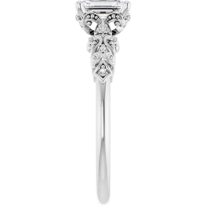 14K White Gold 0.78 CTW Emerald Cut Vintage (Filigree) Diamond Engagement Ring-diamondnetjewellery