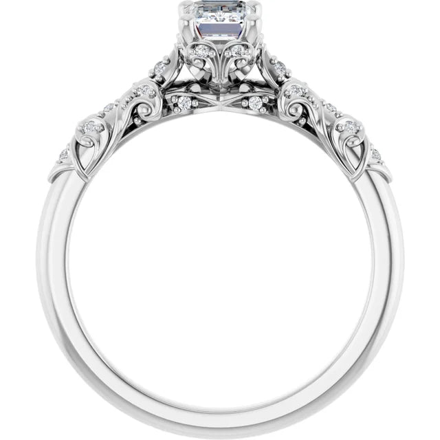 14K White Gold 0.78 CTW Emerald Cut Vintage (Filigree) Diamond Engagement Ring-diamondnetjewellery