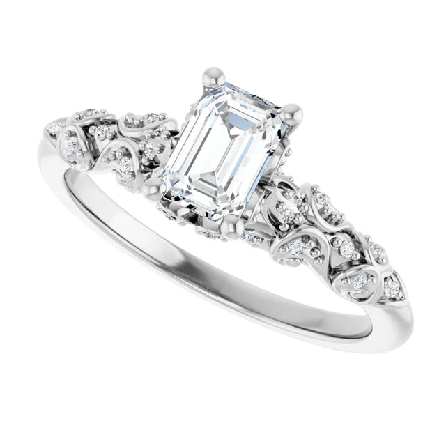 14K White Gold 0.78 CTW Emerald Cut Vintage (Filigree) Diamond Engagement Ring-diamondnetjewellery