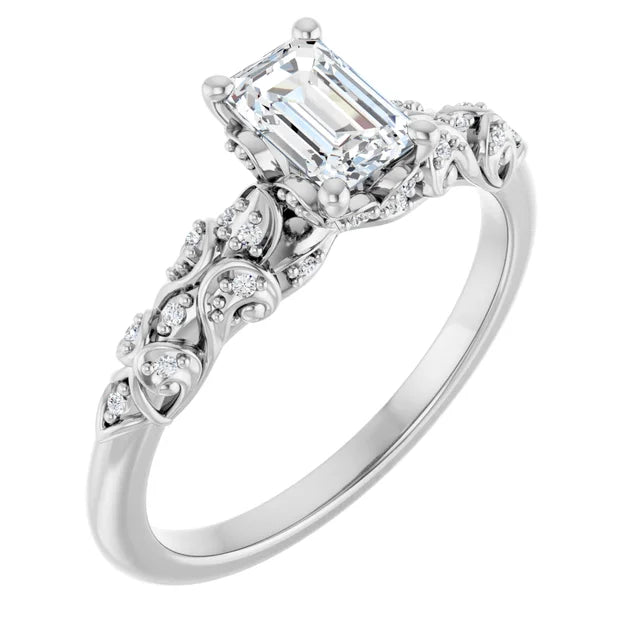 14K White Gold 0.78 CTW Emerald Cut Vintage (Filigree) Diamond Engagement Ring-diamondnetjewellery