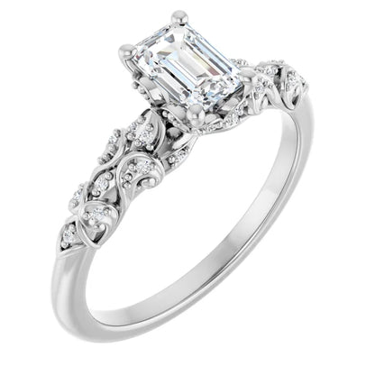 14K White Gold 0.78 CTW Emerald Cut Vintage (Filigree) Diamond Engagement Ring-diamondnetjewellery