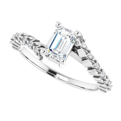14K White Gold 0.82 CTW Emerald Cut Diamond Modern Engagement Ring with Twisted Shank-diamondnetjewellery