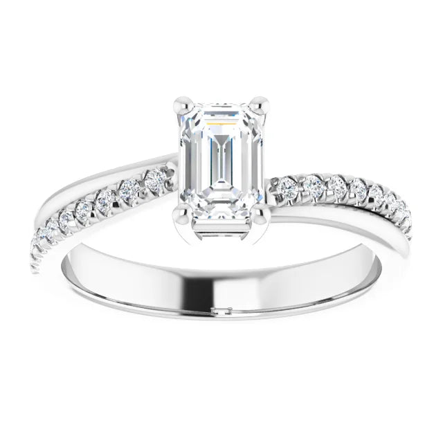 14K White Gold 0.85 CTW Emerald Cut Twisted Shank Pavé Diamond Engagement Ring