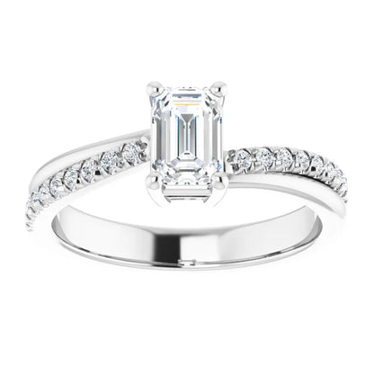 14K White Gold 0.85 CTW Emerald Cut Twisted Shank Pavé Diamond Engagement Ring