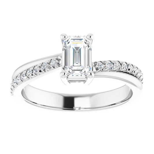 14K White Gold 0.85 CTW Emerald Cut Twisted Shank Pavé Diamond Engagement Ring