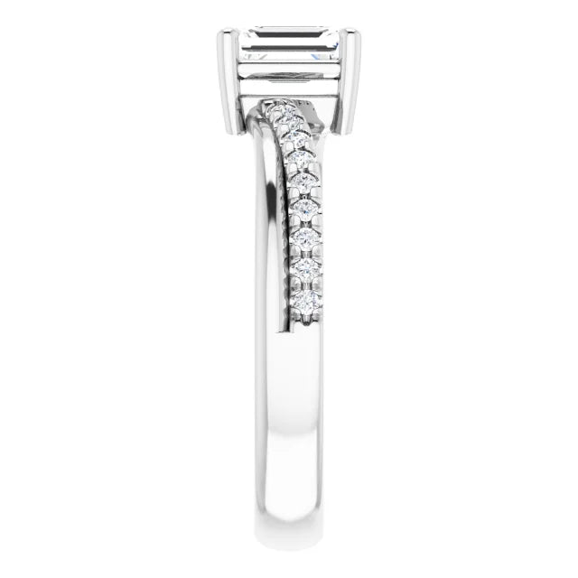 14K White Gold 0.85 CTW Emerald Cut Twisted Shank Pavé Diamond Engagement Ring