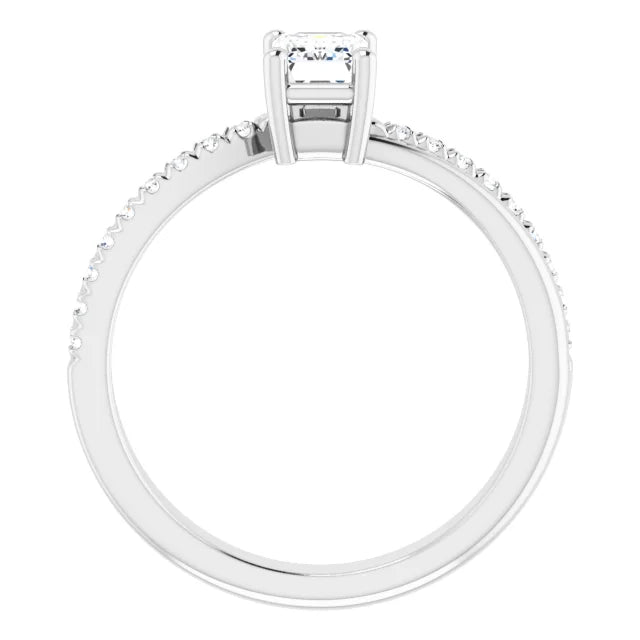 14K White Gold 0.85 CTW Emerald Cut Twisted Shank Pavé Diamond Engagement Ring