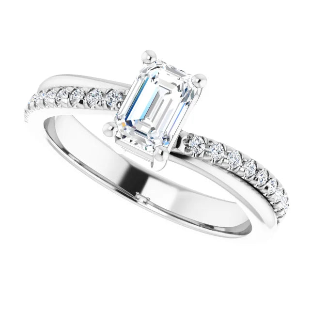 14K White Gold 0.85 CTW Emerald Cut Twisted Shank Pavé Diamond Engagement Ring
