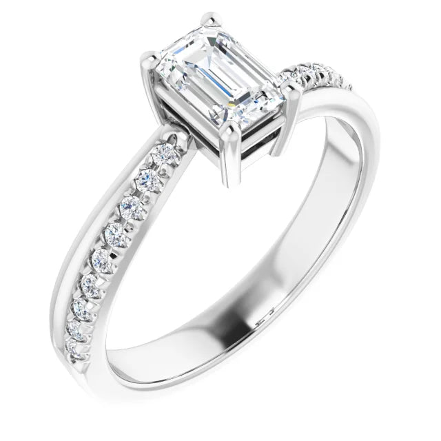 14K White Gold 0.85 CTW Emerald Cut Twisted Shank Pavé Diamond Engagement Ring