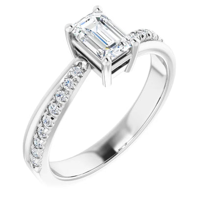 14K White Gold 0.85 CTW Emerald Cut Twisted Shank Pavé Diamond Engagement Ring