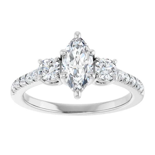 14K White Gold 0.86 CTW Marquise Cut Three-Stone Pavé Diamond Engagement Ring