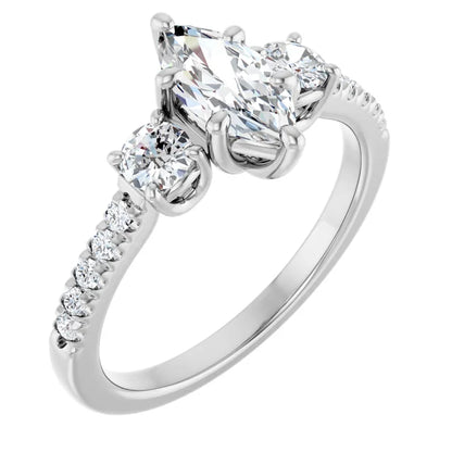 14K White Gold 0.86 CTW Marquise Cut Three-Stone Pavé Diamond Engagement Ring