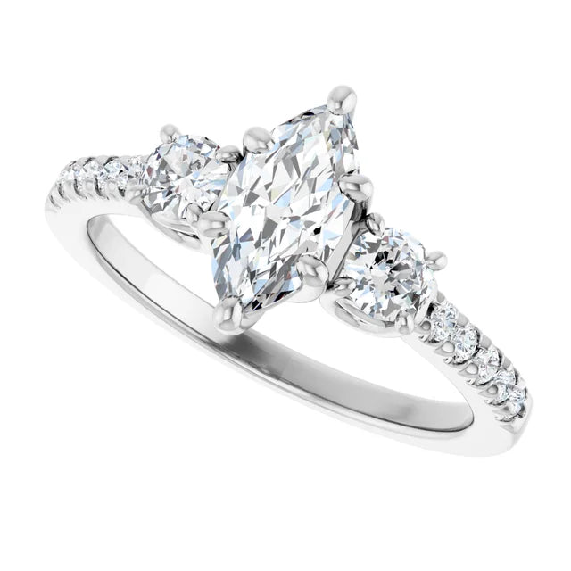 14K White Gold 0.86 CTW Marquise Cut Three-Stone Pavé Diamond Engagement Ring