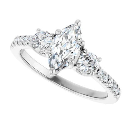 14K White Gold 0.86 CTW Marquise Cut Three-Stone Pavé Diamond Engagement Ring