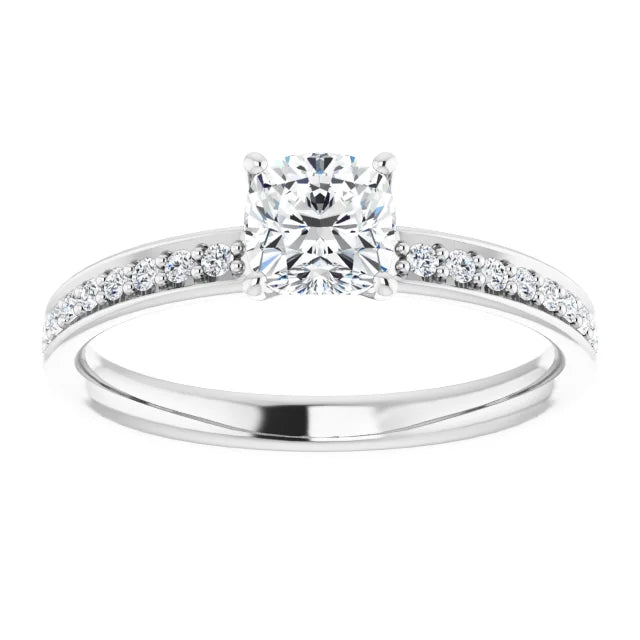 14K White Gold 0.88 CTW Cushion Cut Pavé Diamond Engagement Ring-diamondnetjewellery