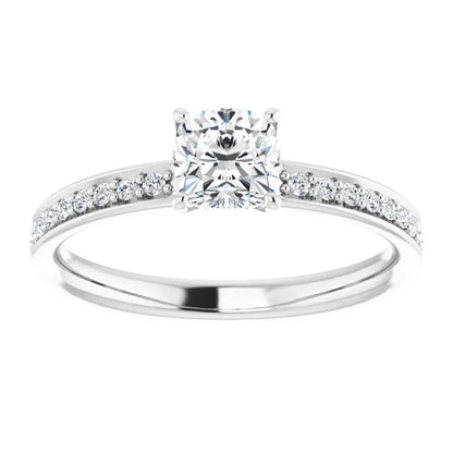 14K White Gold 0.88 CTW Cushion Cut Pavé Diamond Engagement Ring-diamondnetjewellery