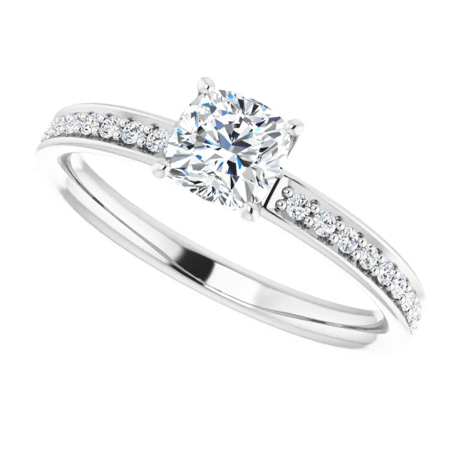 14K White Gold 0.88 CTW Cushion Cut Pavé Diamond Engagement Ring-diamondnetjewellery