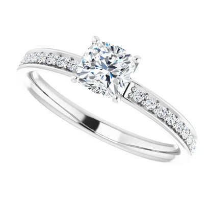 14K White Gold 0.88 CTW Cushion Cut Pavé Diamond Engagement Ring-diamondnetjewellery