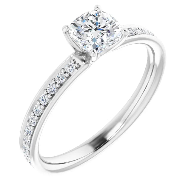 14K White Gold 0.88 CTW Cushion Cut Pavé Diamond Engagement Ring-diamondnetjewellery