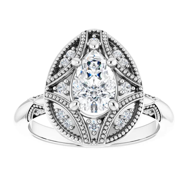 14K White Gold 0.90 CTW Pear Vintage Halo Filigree Lab Grown Diamond Engagement Ring