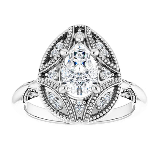 14K White Gold 0.90 CTW Pear Vintage Halo Filigree Lab Grown Diamond Engagement Ring