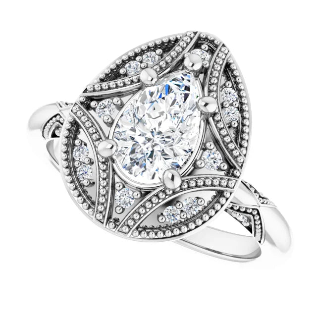 14K White Gold 0.90 CTW Pear Vintage Halo Filigree Lab Grown Diamond Engagement Ring