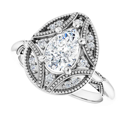 14K White Gold 0.90 CTW Pear Vintage Halo Filigree Lab Grown Diamond Engagement Ring