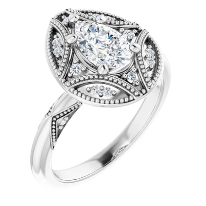 14K White Gold 0.90 CTW Pear Vintage Halo Filigree Lab Grown Diamond Engagement Ring