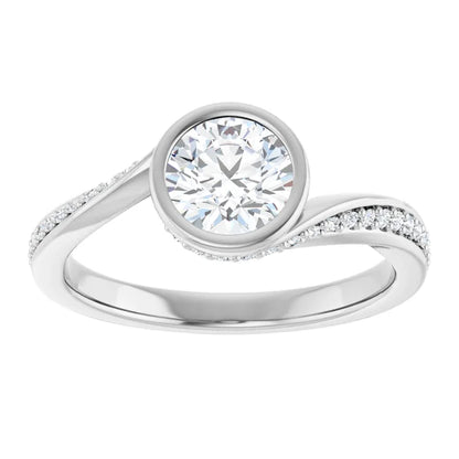 14K White Gold 2.95 CTW Round Bezel Twisted Pavé Diamond Engagement Ring