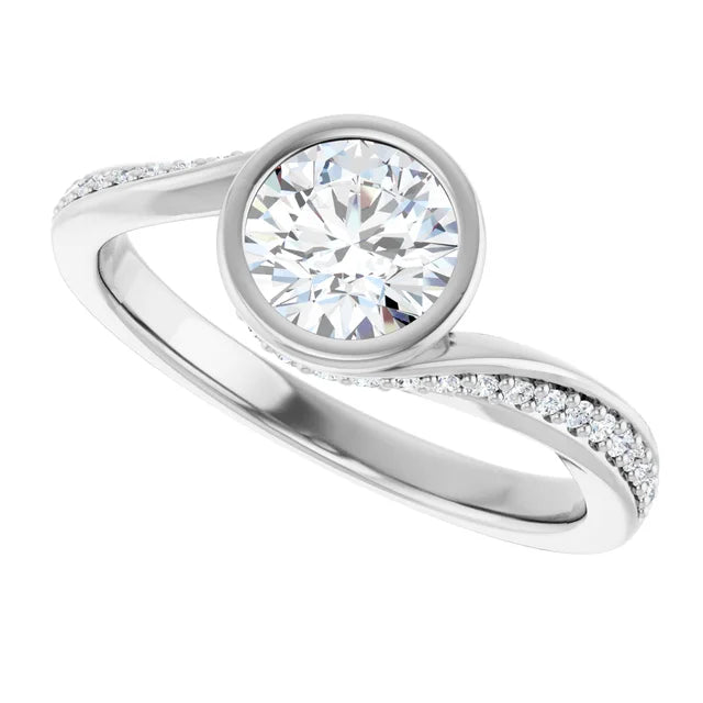 14K White Gold 2.95 CTW Round Bezel Twisted Pavé Diamond Engagement Ring