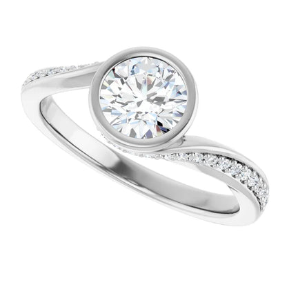 14K White Gold 2.95 CTW Round Bezel Twisted Pavé Diamond Engagement Ring