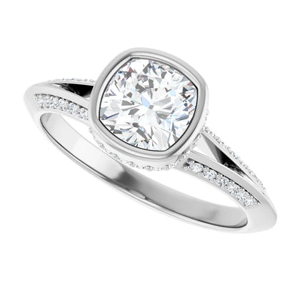 14K White Gold 0.94 CTW Cushion Bezel Hidden Halo Diamond Engagement Ring