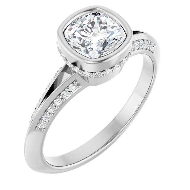 14K White Gold 0.94 CTW Cushion Bezel Hidden Halo Diamond Engagement Ring