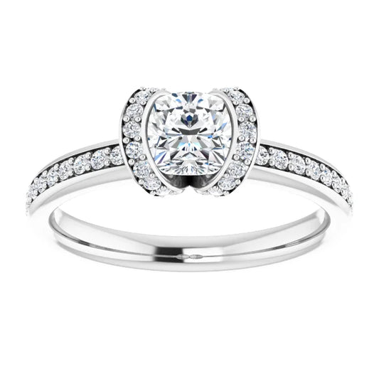 14K White Gold 0.96 CTW Cushion Cut Halo Pave Diamond Engagement Ring