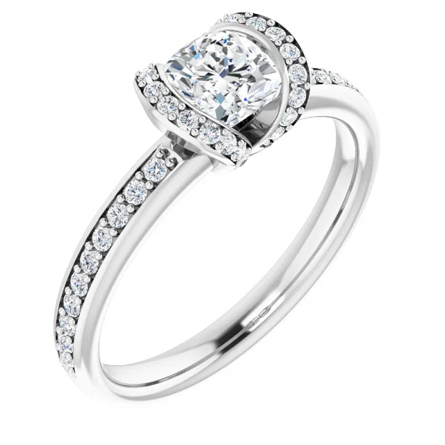 14K White Gold 0.96 CTW Cushion Cut Halo Pave Diamond Engagement Ring-diamondnetjewellery