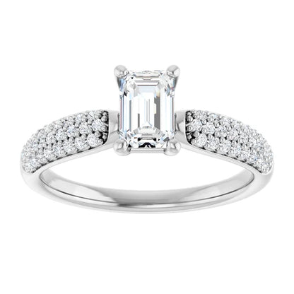 14K White Gold 0.97 CTW Emerald Cut Triple Row Pavé Diamond Engagement Ring