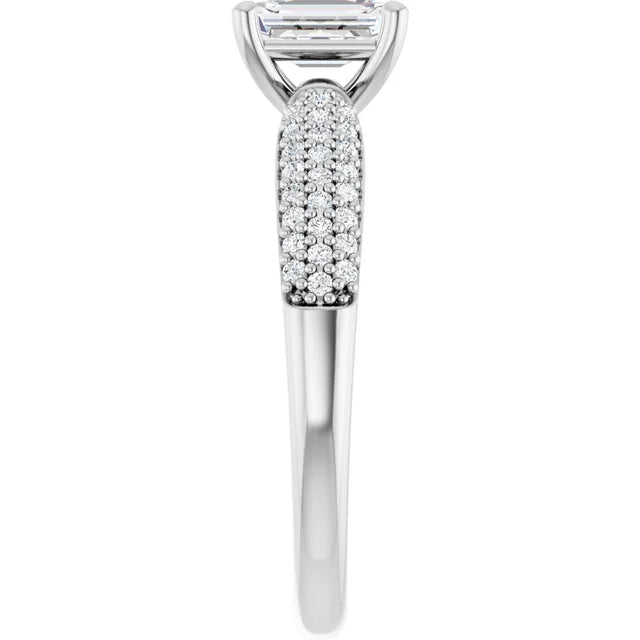14K White Gold 0.97 CTW Emerald Cut Triple Row Pavé Diamond Engagement Ring