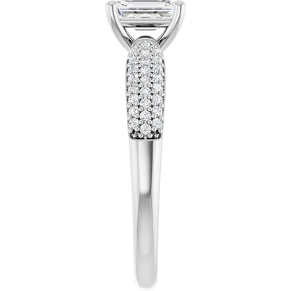 14K White Gold 0.97 CTW Emerald Cut Triple Row Pavé Diamond Engagement Ring